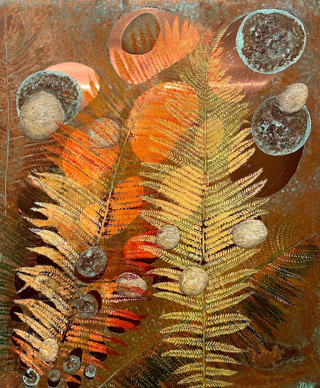2025 Big fern, mixed media auf Kupfer, 70x 50 cm
